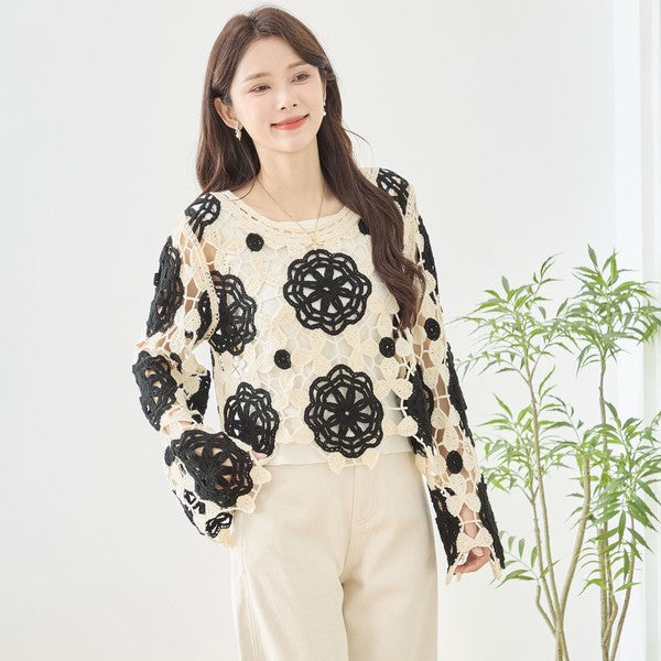 バイカラー フラワー クロシェ レーストップス 透かし編み 長袖 ショート丈 レイヤード