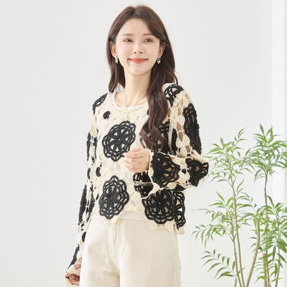 バイカラー フラワー クロシェ レーストップス 透かし編み 長袖 ショート丈 レイヤード