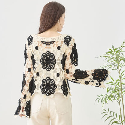 バイカラー フラワー クロシェ レーストップス 透かし編み 長袖 ショート丈 レイヤード