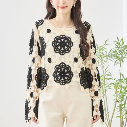 バイカラー フラワー クロシェ レーストップス 透かし編み 長袖 ショート丈 レイヤード