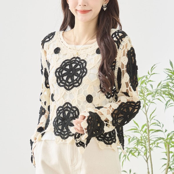 バイカラー フラワー クロシェ レーストップス 透かし編み 長袖 ショート丈 レイヤード