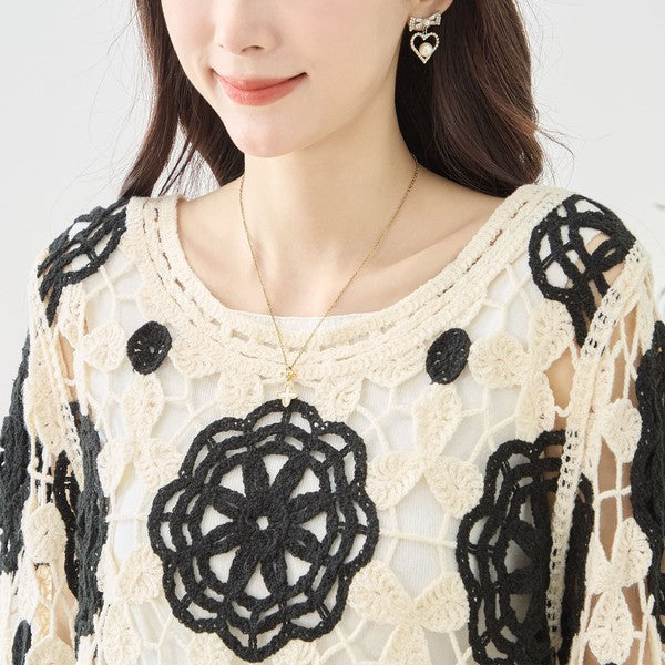 バイカラー フラワー クロシェ レーストップス 透かし編み 長袖 ショート丈 レイヤード