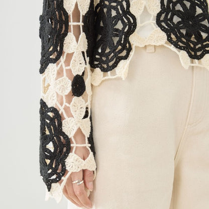 バイカラー フラワー クロシェ レーストップス 透かし編み 長袖 ショート丈 レイヤード