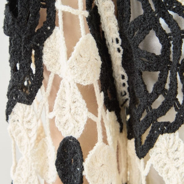 バイカラー フラワー クロシェ レーストップス 透かし編み 長袖 ショート丈 レイヤード