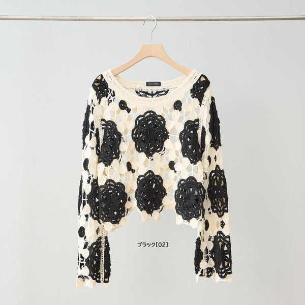 バイカラー フラワー クロシェ レーストップス 透かし編み 長袖 ショート丈 レイヤード