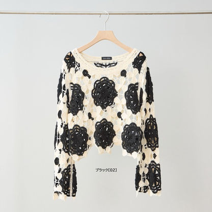 バイカラー フラワー クロシェ レーストップス 透かし編み 長袖 ショート丈 レイヤード