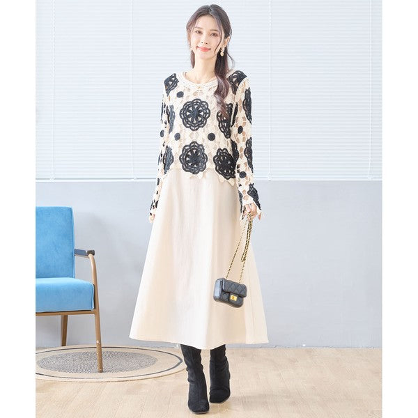 バイカラー フラワー クロシェ レーストップス 透かし編み 長袖 ショート丈 レイヤード