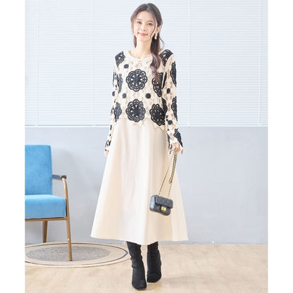 バイカラー フラワー クロシェ レーストップス 透かし編み 長袖 ショート丈 レイヤード