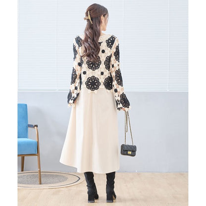 バイカラー フラワー クロシェ レーストップス 透かし編み 長袖 ショート丈 レイヤード