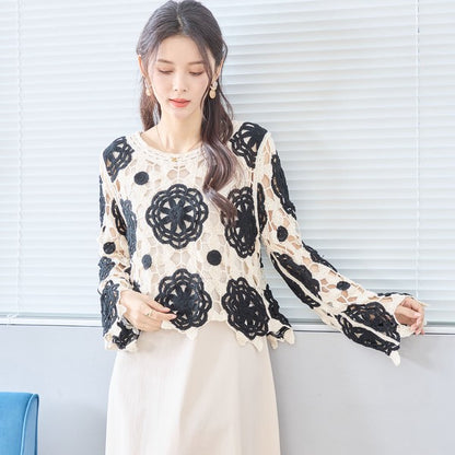 バイカラー フラワー クロシェ レーストップス 透かし編み 長袖 ショート丈 レイヤード