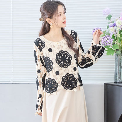 バイカラー フラワー クロシェ レーストップス 透かし編み 長袖 ショート丈 レイヤード