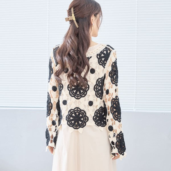 バイカラー フラワー クロシェ レーストップス 透かし編み 長袖 ショート丈 レイヤード