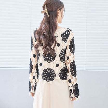 バイカラー フラワー クロシェ レーストップス 透かし編み 長袖 ショート丈 レイヤード