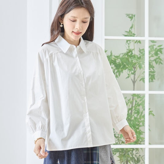 コットン フレアシルエット シャツ ギャザー ゆったり 綿100% 体型カバー 春夏