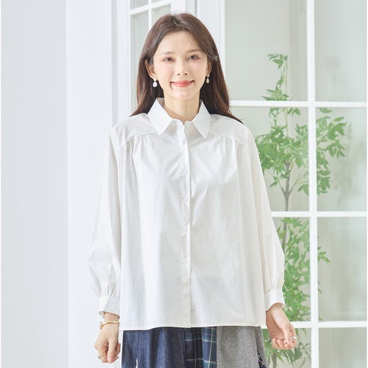 コットン フレアシルエット シャツ ギャザー ゆったり 綿100% 体型カバー 春夏