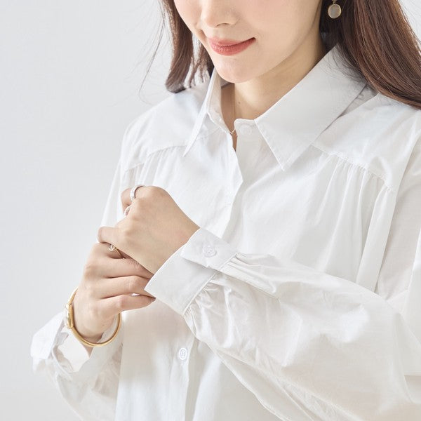 コットン フレアシルエット シャツ ギャザー ゆったり 綿100% 体型カバー 春夏