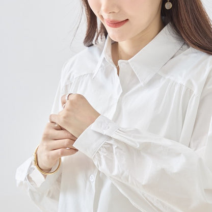 コットン フレアシルエット シャツ ギャザー ゆったり 綿100% 体型カバー 春夏