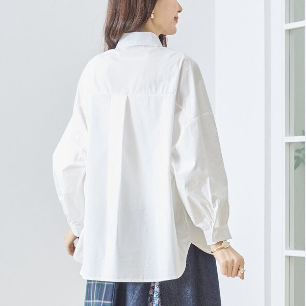 コットン フレアシルエット シャツ ギャザー ゆったり 綿100% 体型カバー 春夏