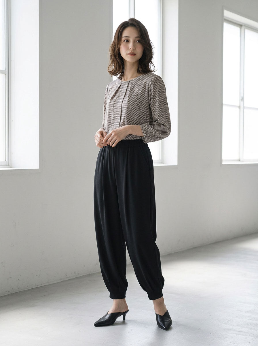 バナナパンツ ドレープ とろみ素材 テーパード ワイド ウエストゴム ゆったり 春夏