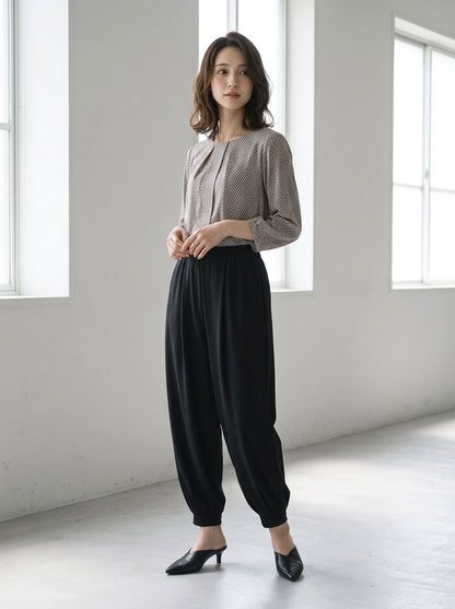 バナナパンツ ドレープ とろみ素材 テーパード ワイド ウエストゴム ゆったり 春夏