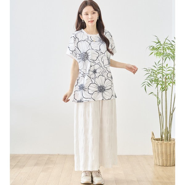 線画風 花柄 プリント Tシャツ チュニック 半袖 ゆったり 体型カバー 着痩せ M-L