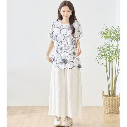 線画風 花柄 プリント Tシャツ チュニック 半袖 ゆったり 体型カバー 着痩せ M-L
