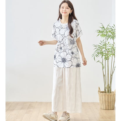 線画風 花柄 プリント Tシャツ チュニック 半袖 ゆったり 体型カバー 着痩せ M-L
