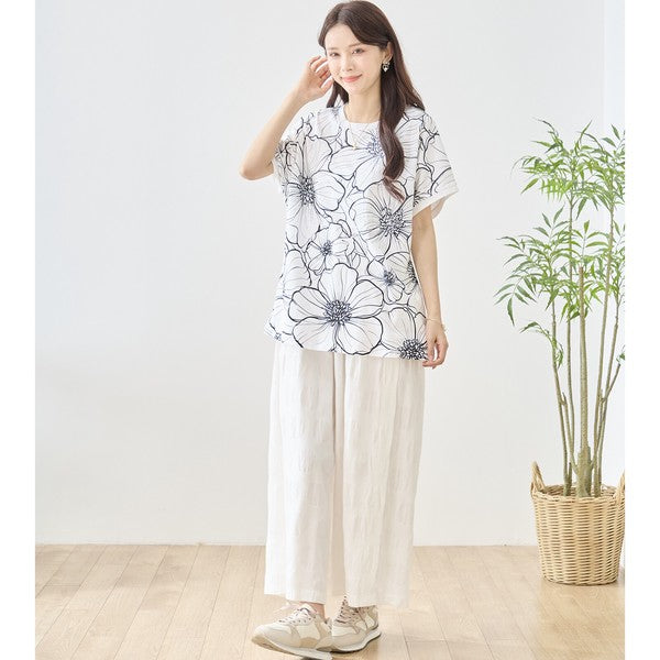 線画風 花柄 プリント Tシャツ チュニック 半袖 ゆったり 体型カバー 着痩せ M-L