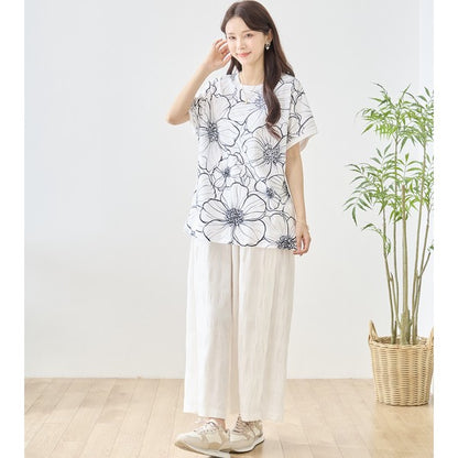 線画風 花柄 プリント Tシャツ チュニック 半袖 ゆったり 体型カバー 着痩せ M-L