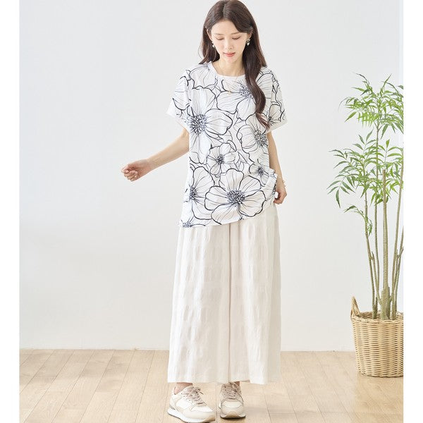 線画風 花柄 プリント Tシャツ チュニック 半袖 ゆったり 体型カバー 着痩せ M-L