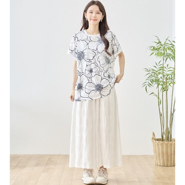 線画風 花柄 プリント Tシャツ チュニック 半袖 ゆったり 体型カバー 着痩せ M-L