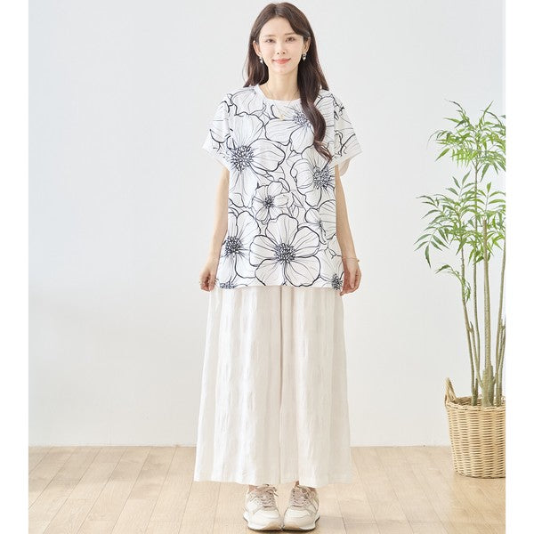 線画風 花柄 プリント Tシャツ チュニック 半袖 ゆったり 体型カバー 着痩せ M-L