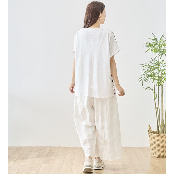線画風 花柄 プリント Tシャツ チュニック 半袖 ゆったり 体型カバー 着痩せ M-L