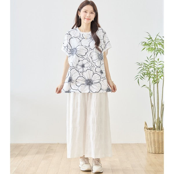 線画風 花柄 プリント Tシャツ チュニック 半袖 ゆったり 体型カバー 着痩せ M-L