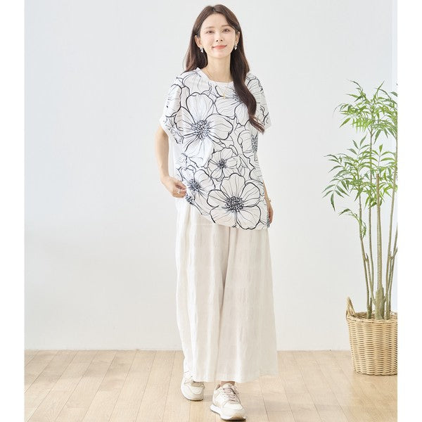 線画風 花柄 プリント Tシャツ チュニック 半袖 ゆったり 体型カバー 着痩せ M-L