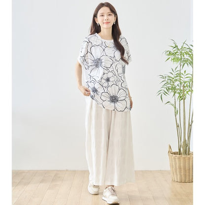 線画風 花柄 プリント Tシャツ チュニック 半袖 ゆったり 体型カバー 着痩せ M-L