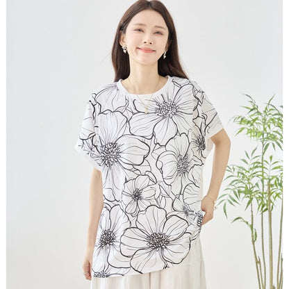 線画風 花柄 プリント Tシャツ チュニック 半袖 ゆったり 体型カバー 着痩せ M-L