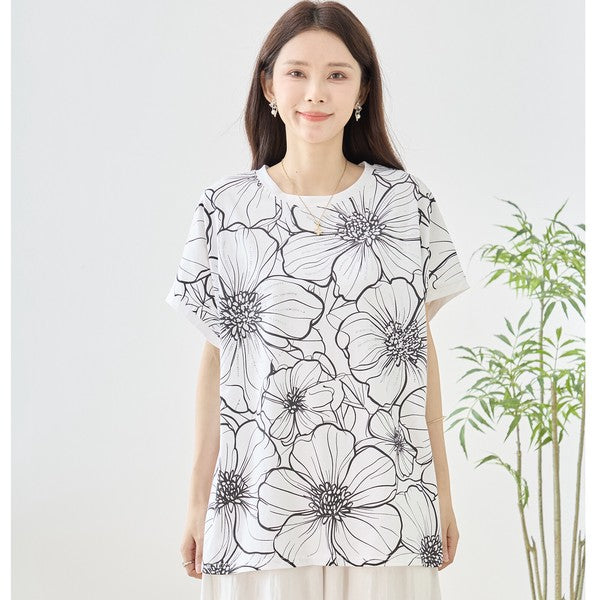 線画風 花柄 プリント Tシャツ チュニック 半袖 ゆったり 体型カバー 着痩せ M-L