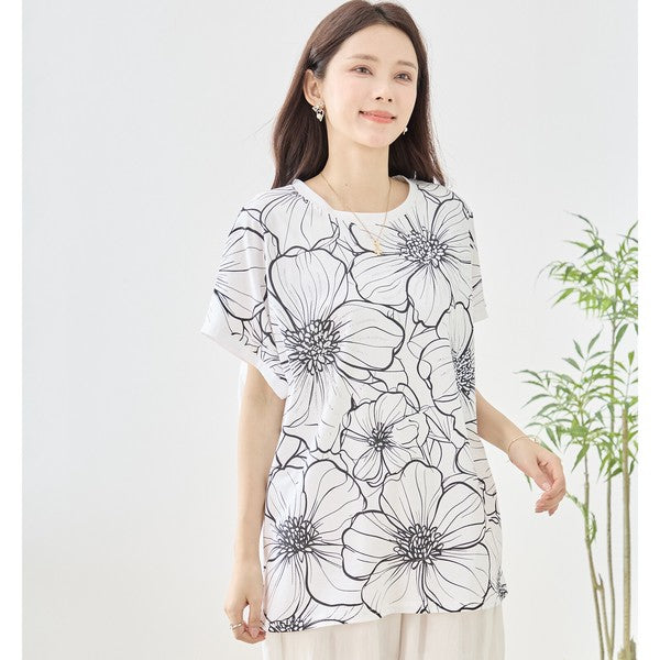 線画風 花柄 プリント Tシャツ チュニック 半袖 ゆったり 体型カバー 着痩せ M-L
