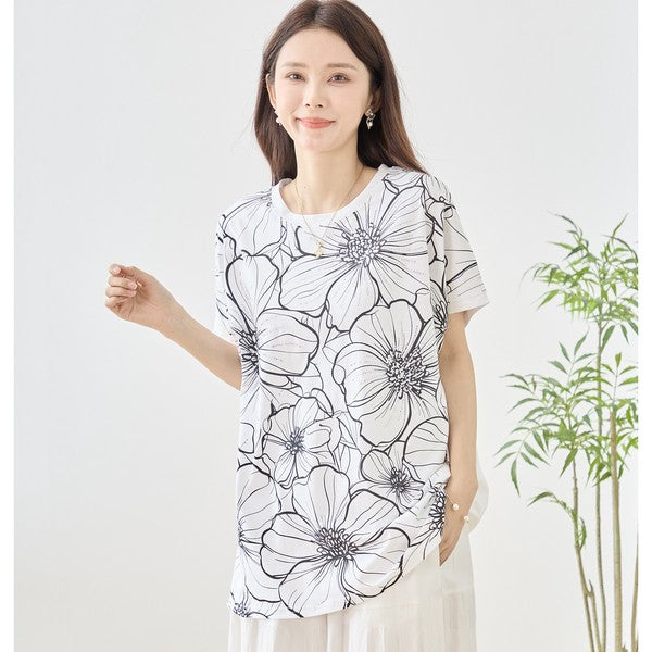 線画風 花柄 プリント Tシャツ チュニック 半袖 ゆったり 体型カバー 着痩せ M-L