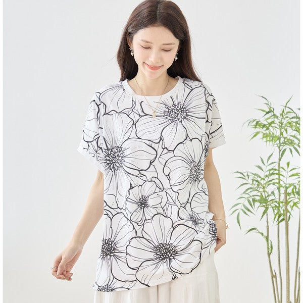 線画風 花柄 プリント Tシャツ チュニック 半袖 ゆったり 体型カバー 着痩せ M-L