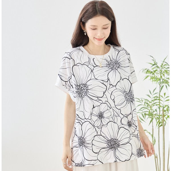 線画風 花柄 プリント Tシャツ チュニック 半袖 ゆったり 体型カバー 着痩せ M-L