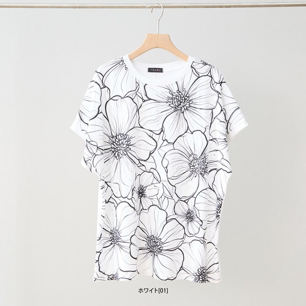 線画風 花柄 プリント Tシャツ チュニック 半袖 ゆったり 体型カバー 着痩せ M-L