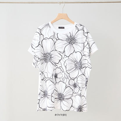 線画風 花柄 プリント Tシャツ チュニック 半袖 ゆったり 体型カバー 着痩せ M-L