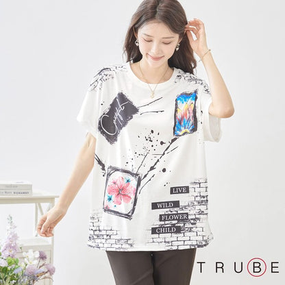 アート柄 コラージュ プリント Tシャツ チュニック 半袖 ゆったり 体型カバー M-L