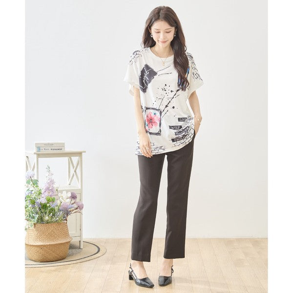 アート柄 コラージュ プリント Tシャツ チュニック 半袖 ゆったり 体型カバー M-L