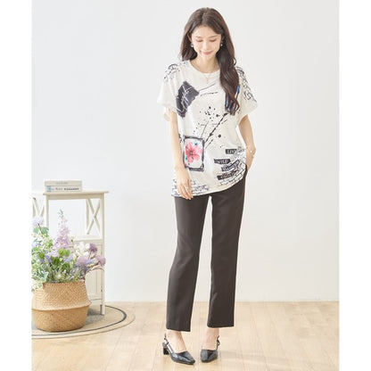 アート柄 コラージュ プリント Tシャツ チュニック 半袖 ゆったり 体型カバー M-L