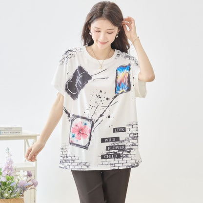 アート柄 コラージュ プリント Tシャツ チュニック 半袖 ゆったり 体型カバー M-L