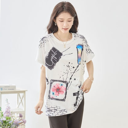 アート柄 コラージュ プリント Tシャツ チュニック 半袖 ゆったり 体型カバー M-L