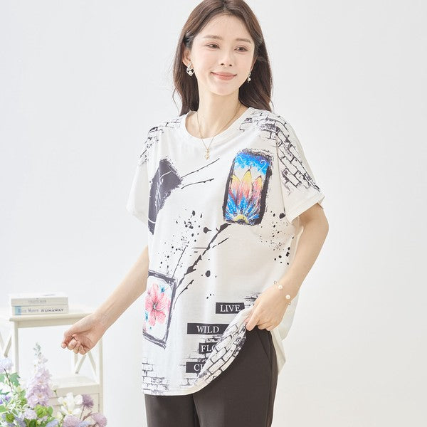 アート柄 コラージュ プリント Tシャツ チュニック 半袖 ゆったり 体型カバー M-L